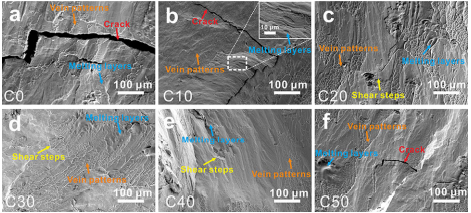 Figure 6 The fracture surfaces morphologies of the Vit1 BMG after CCTs
